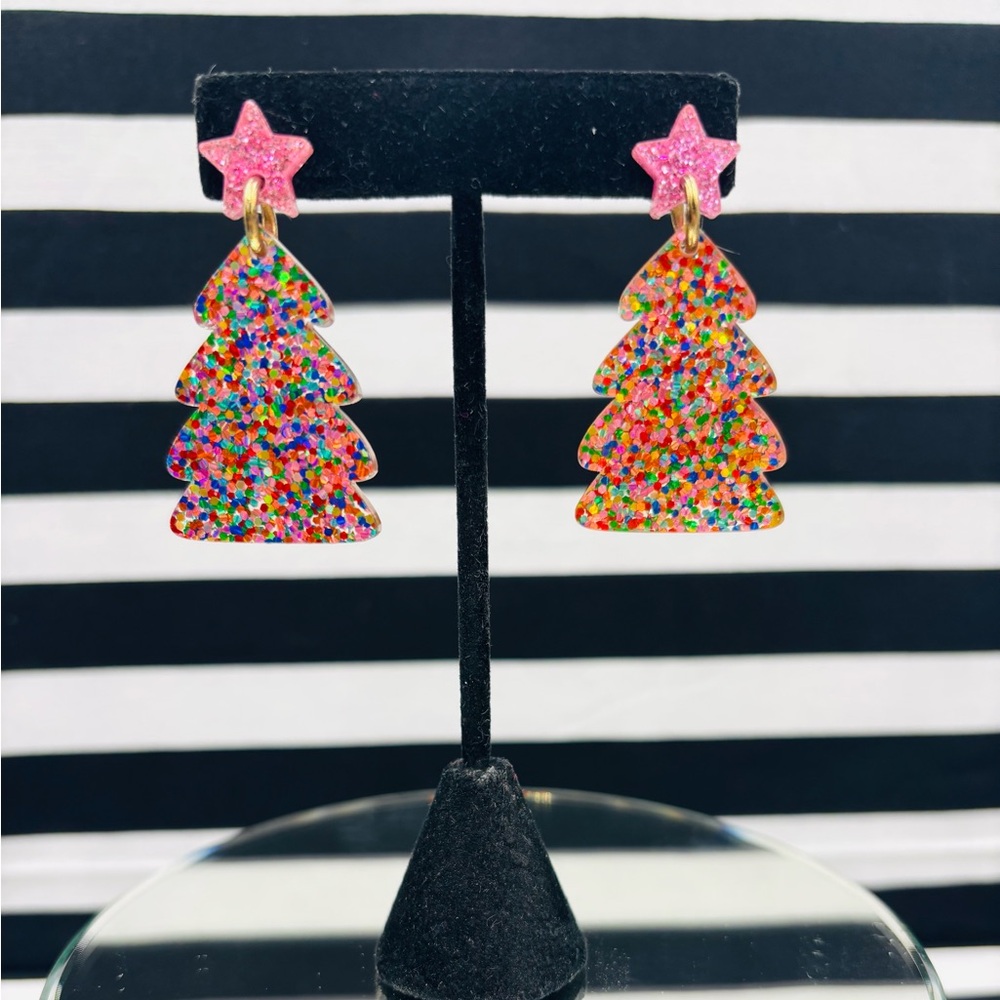 Glittery Multicolor Tree Earrings with Pink Star